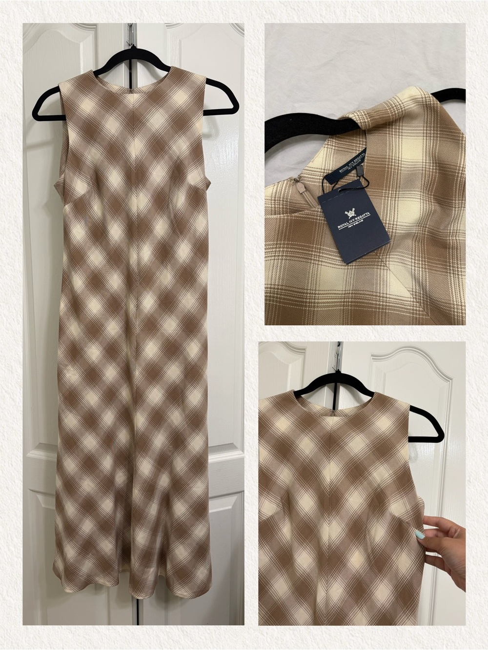 Beige & Cream Plaid Sleeveless Midi Dress